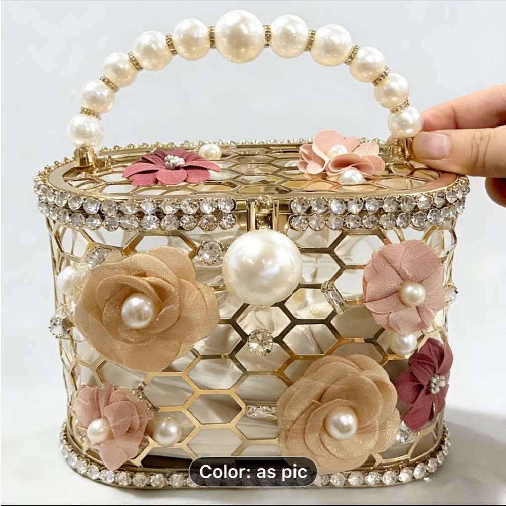 Elegant Pearl-Embellished Gold Floral Handbag